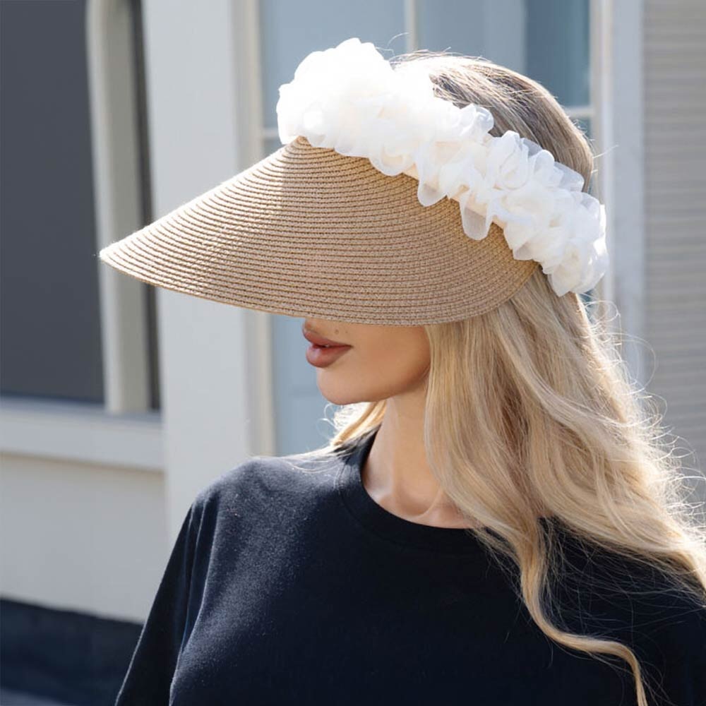 Floral Ruffle Accent Wide Brim Straw Visor Hat